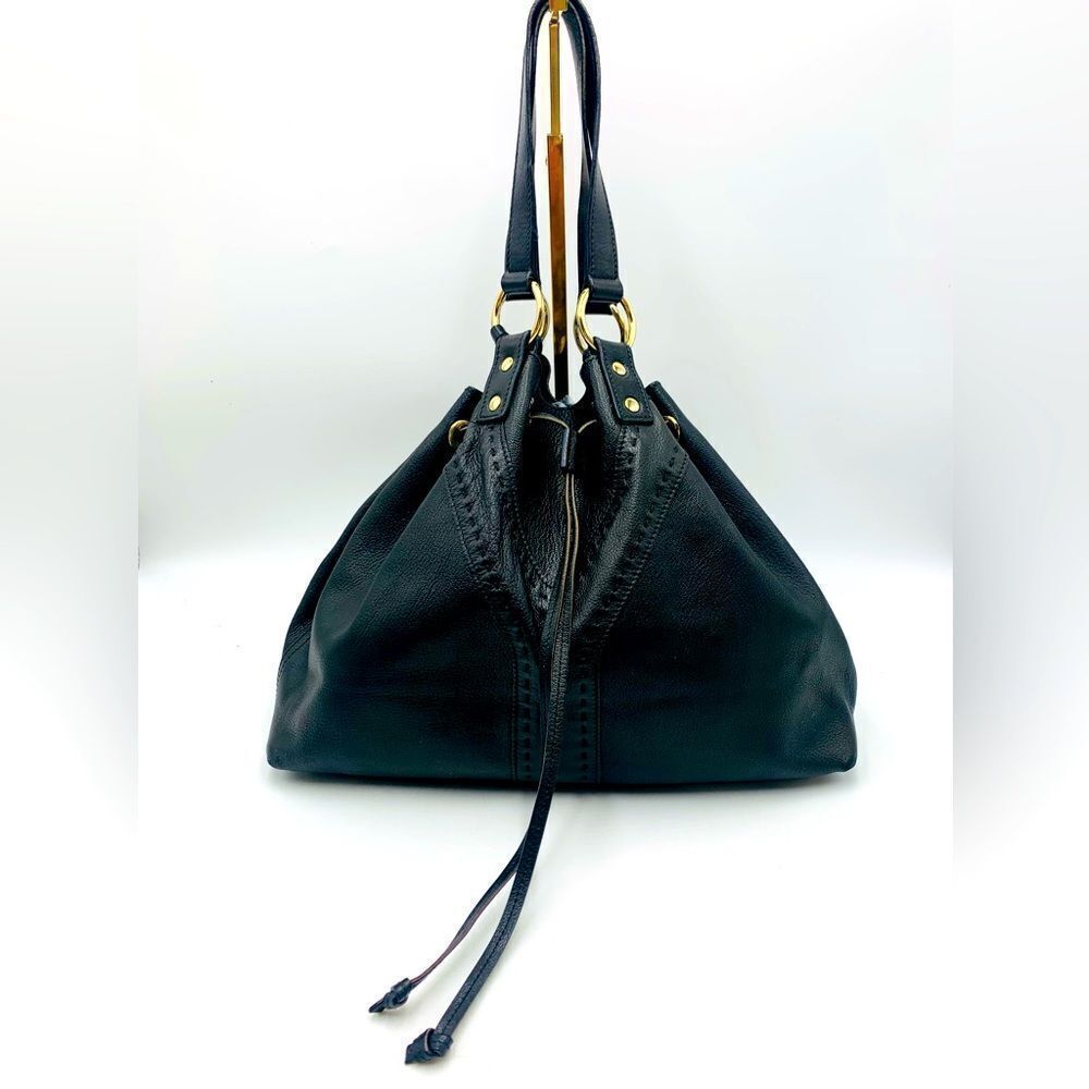 Auth YVES SAINT LAURENT Reversible 
Bronze/Black Leather Double Sac Y Tote Bag
